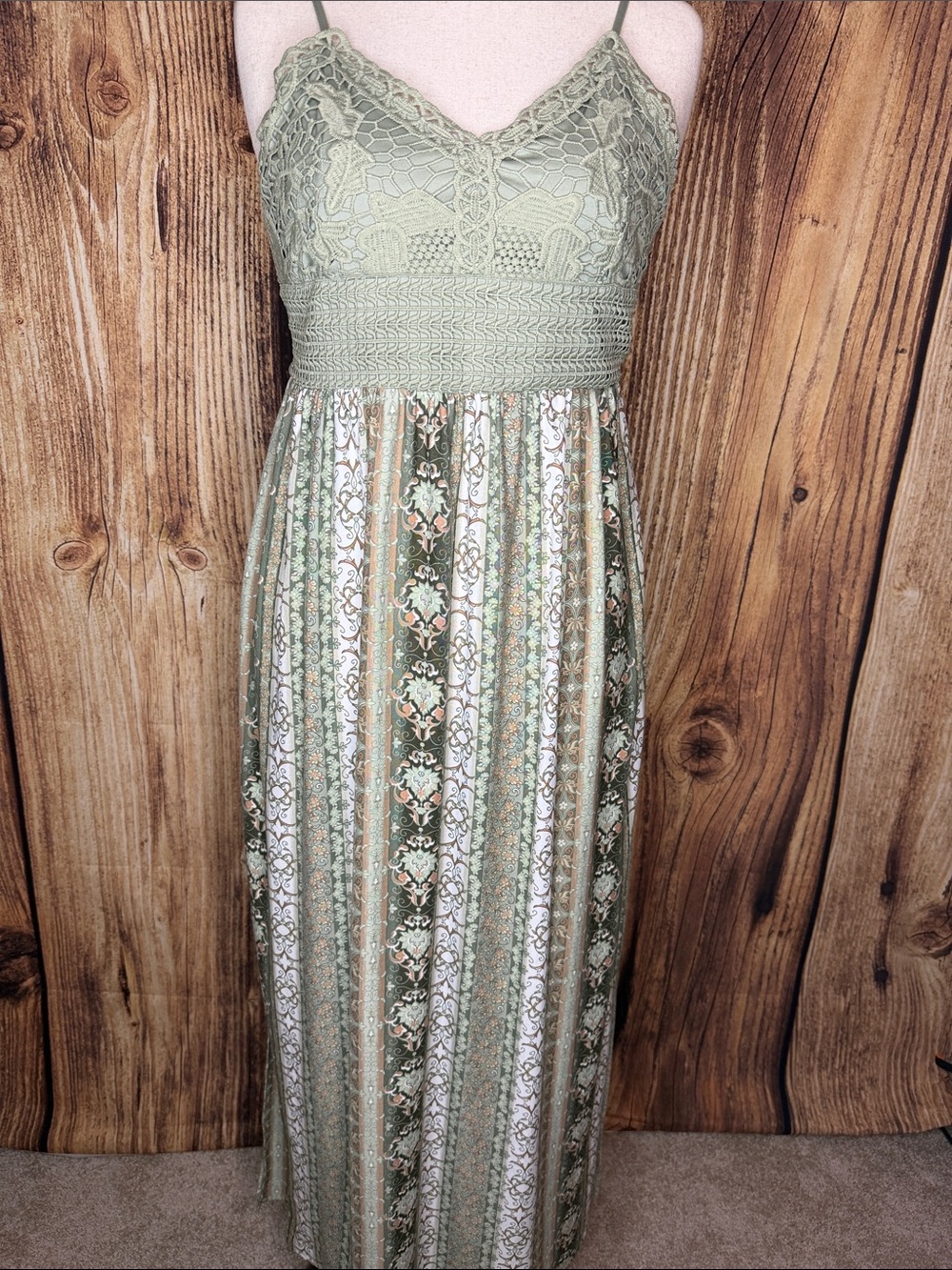 Derek Heart Sage Green Crochet Bodice Striped Maxi Dress